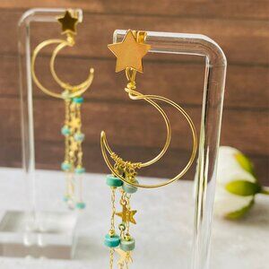 MoonstoneEarrings-GemstoneEarrings- Moon and Stars Long Dangle Earrings